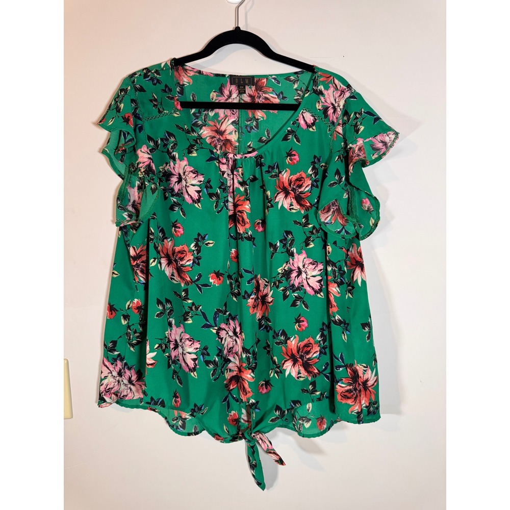 OLM Green Floral Tie Front Flutter Sleeve Blouse Plus Size 2X